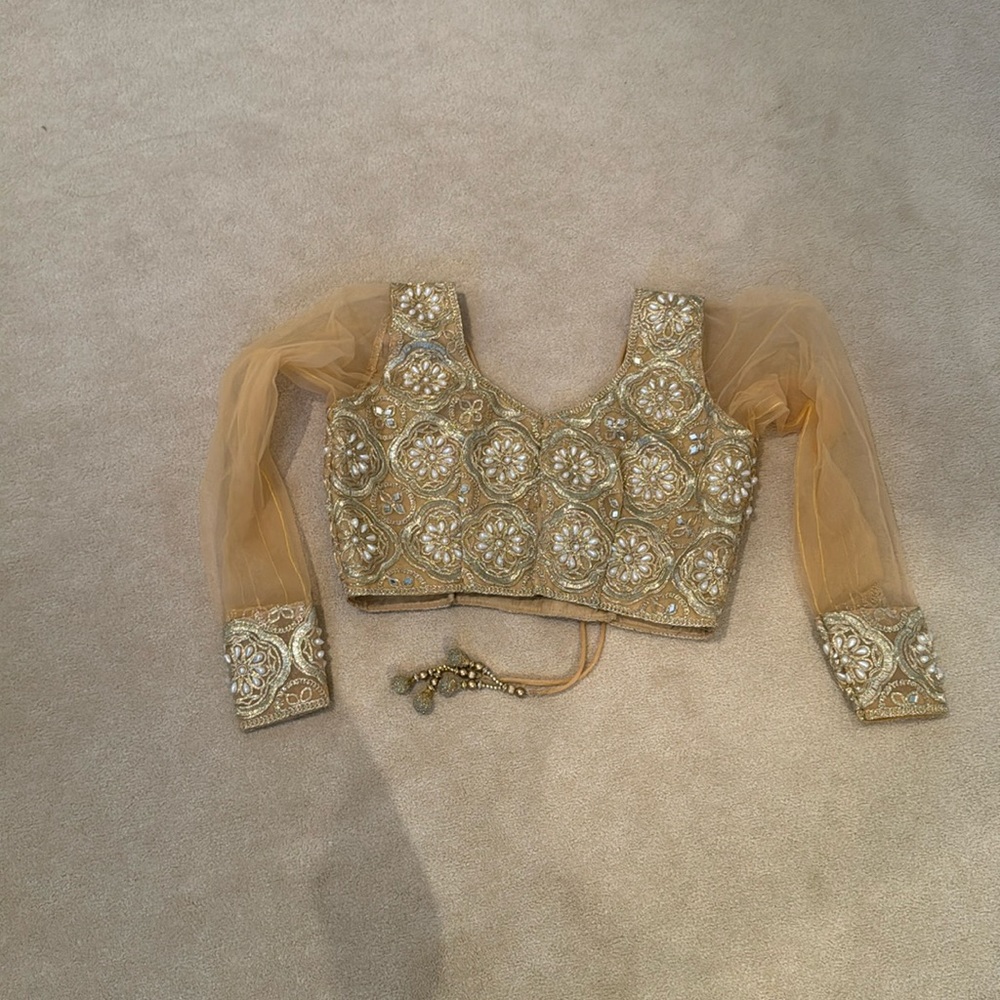 Golden Embroidered Saree Blouse with Sheer Sleeves